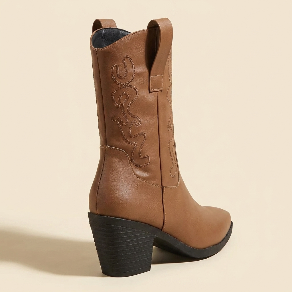 CleanGirlStore Point Toe Block Heels Boots - Tan - Back