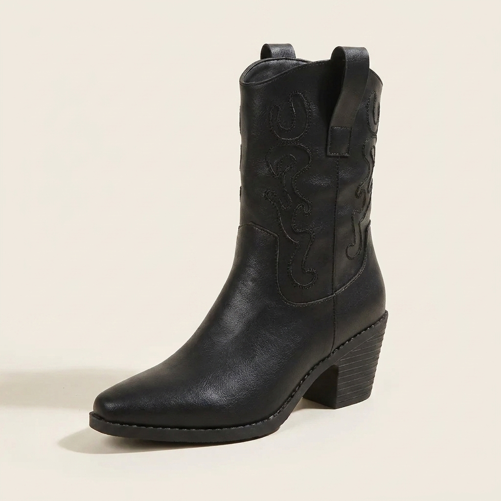 CleanGirlStore Point Toe Block Heels Boots - Black - Single Front