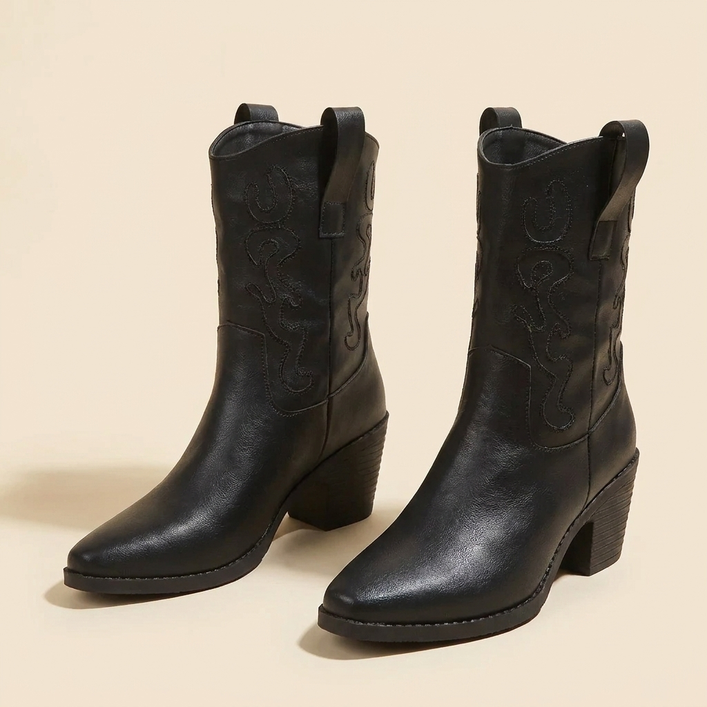 CleanGirlStore Point Toe Block Heels Boots - Black - Front