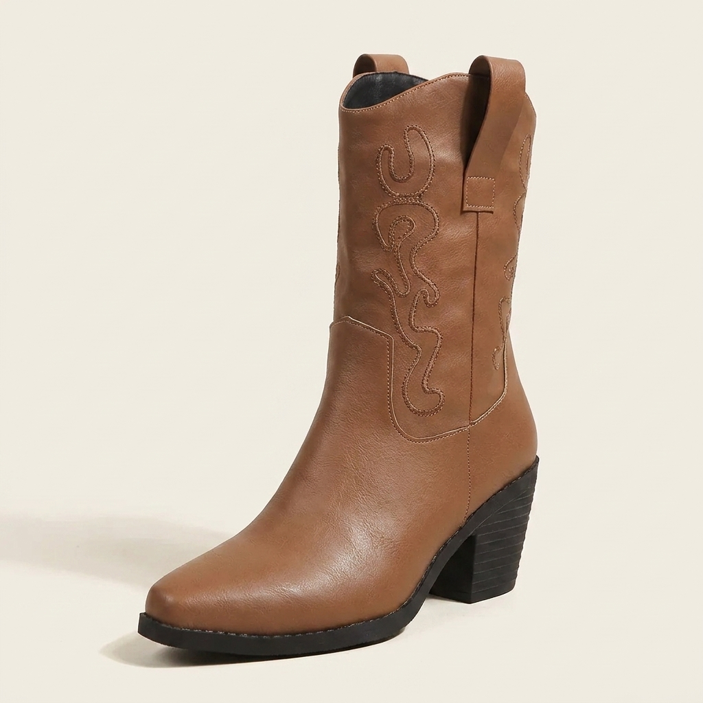 CleanGirlStore Point Toe Block Heels Boots - Tan - Single Front