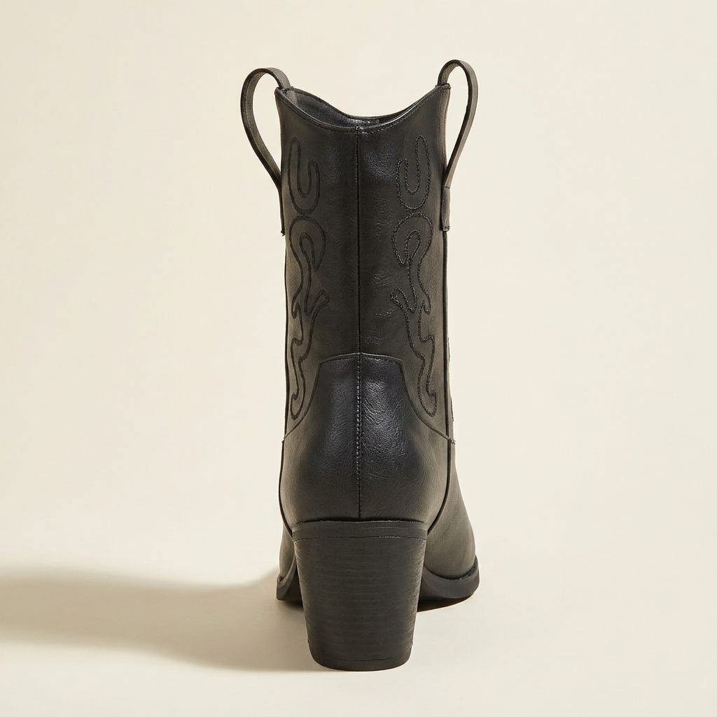 CleanGirlStore Point Toe Block Heels Boots - Black - Back