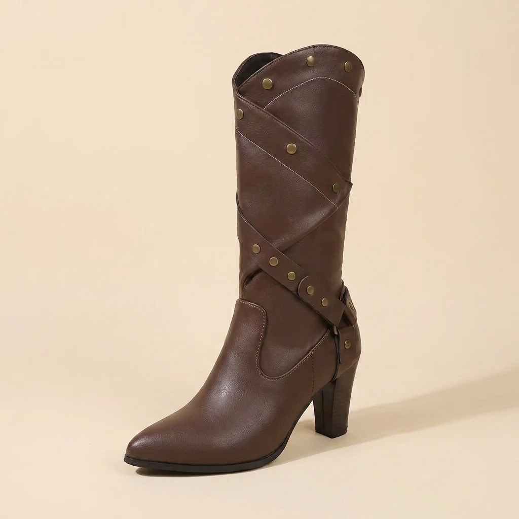 CleanGirlStore Point Toe Block Heels Boots - Brown - Single Front