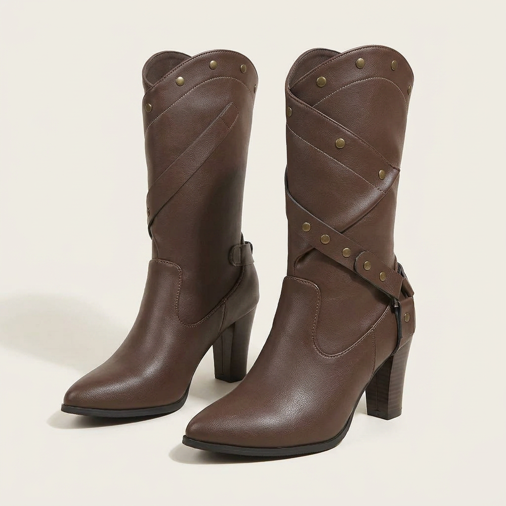 CleanGirlStore Point Toe Block Heels Boots - Brown - Front