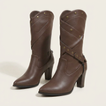 CleanGirlStore Point Toe Block Heels Boots - Brown - Front