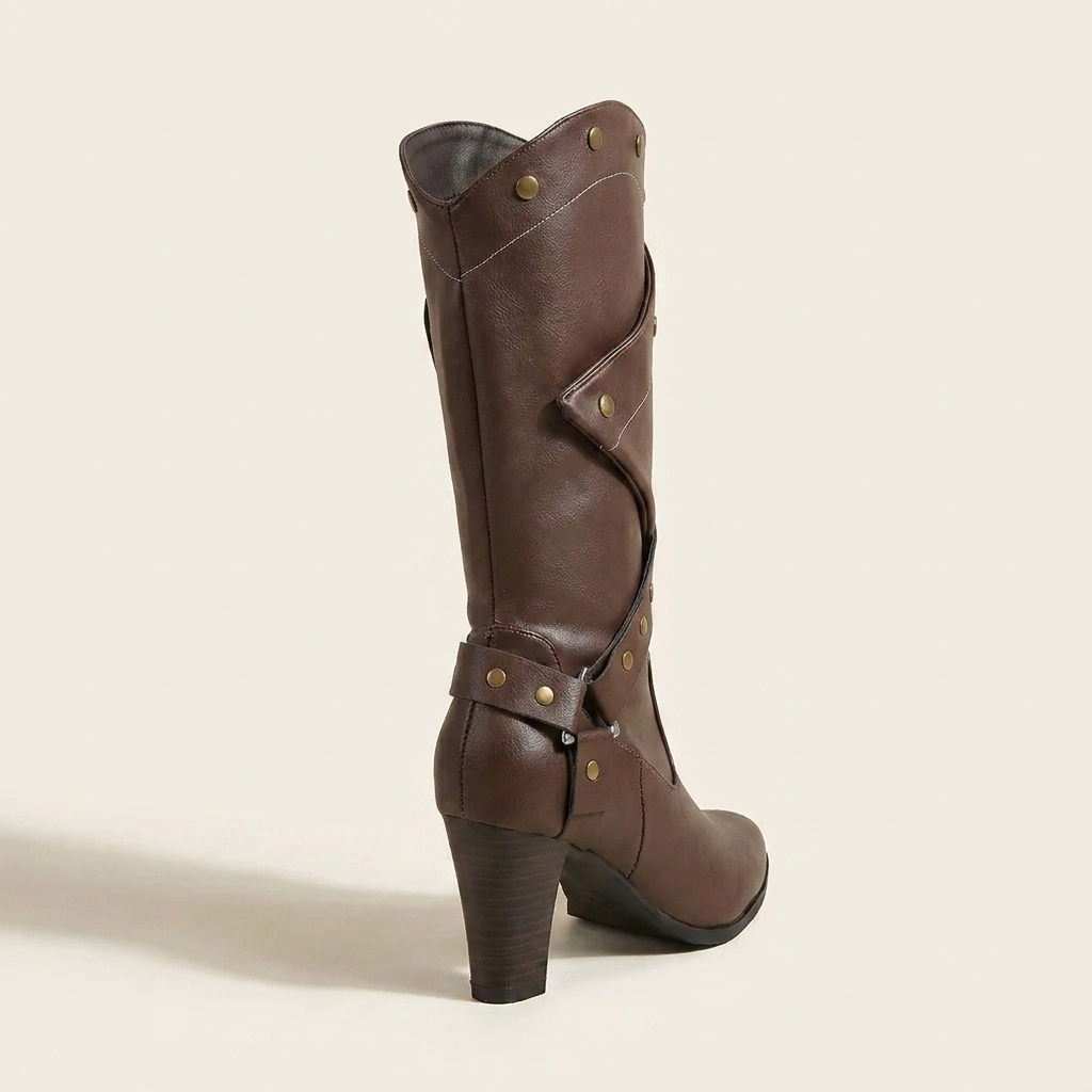 CleanGirlStore Point Toe Block Heels Boots - Brown - Back
