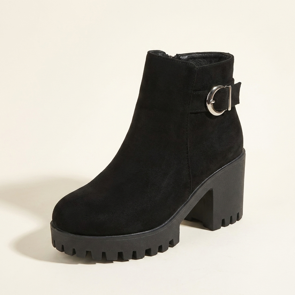 CleanGirlStore Round Toe Block Heels Boots - Black - Single Front