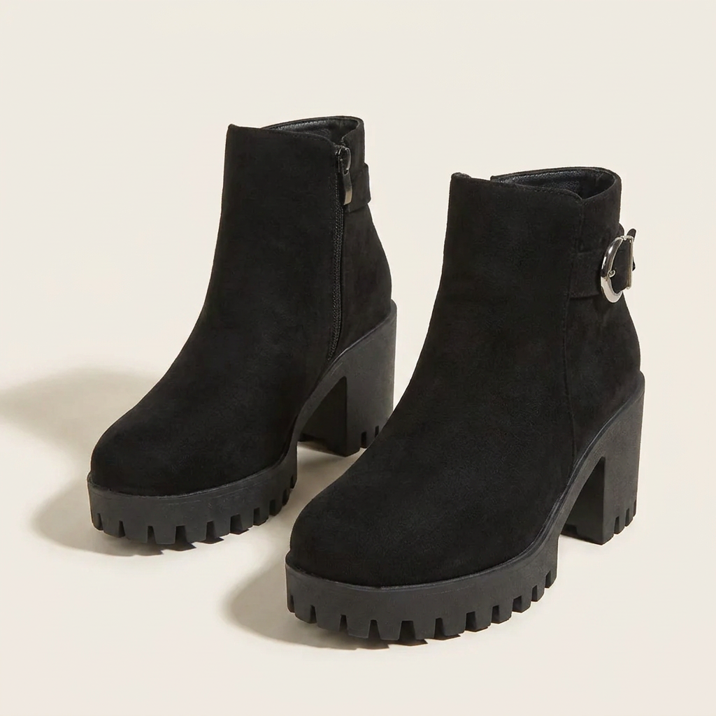 CleanGirlStore Round Toe Block Heels Boots - Black - Front