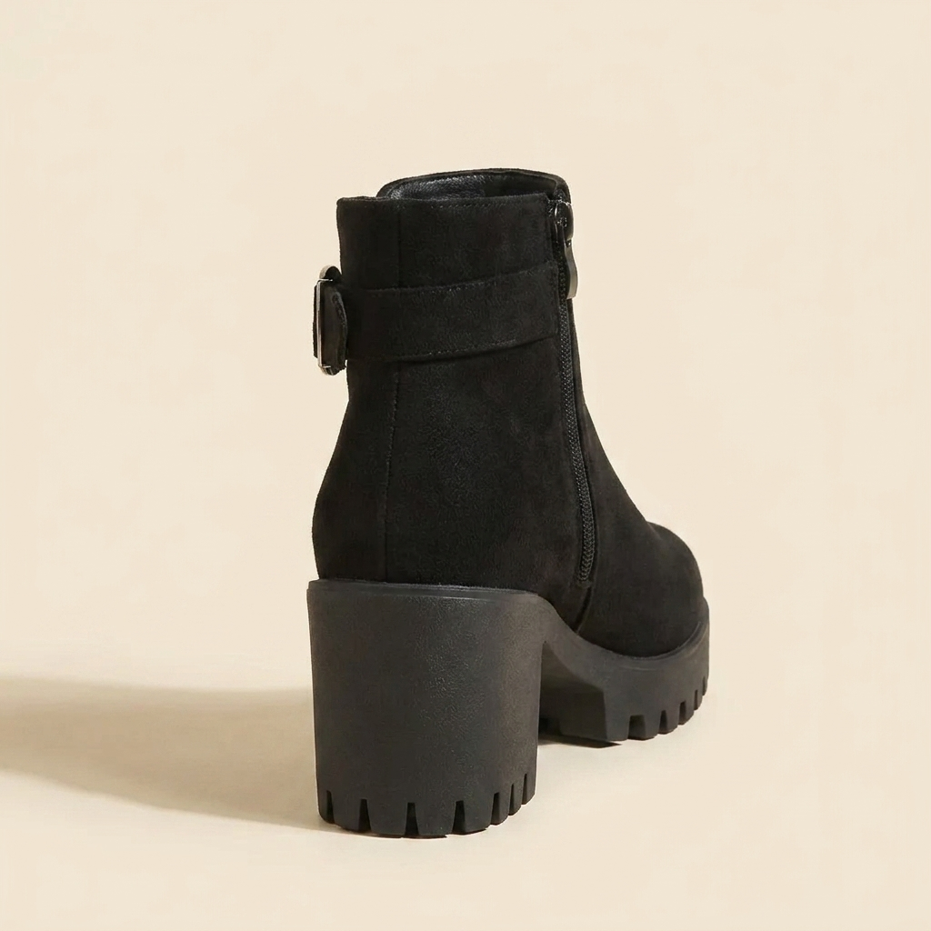 CleanGirlStore Round Toe Block Heels Boots - Black - Back