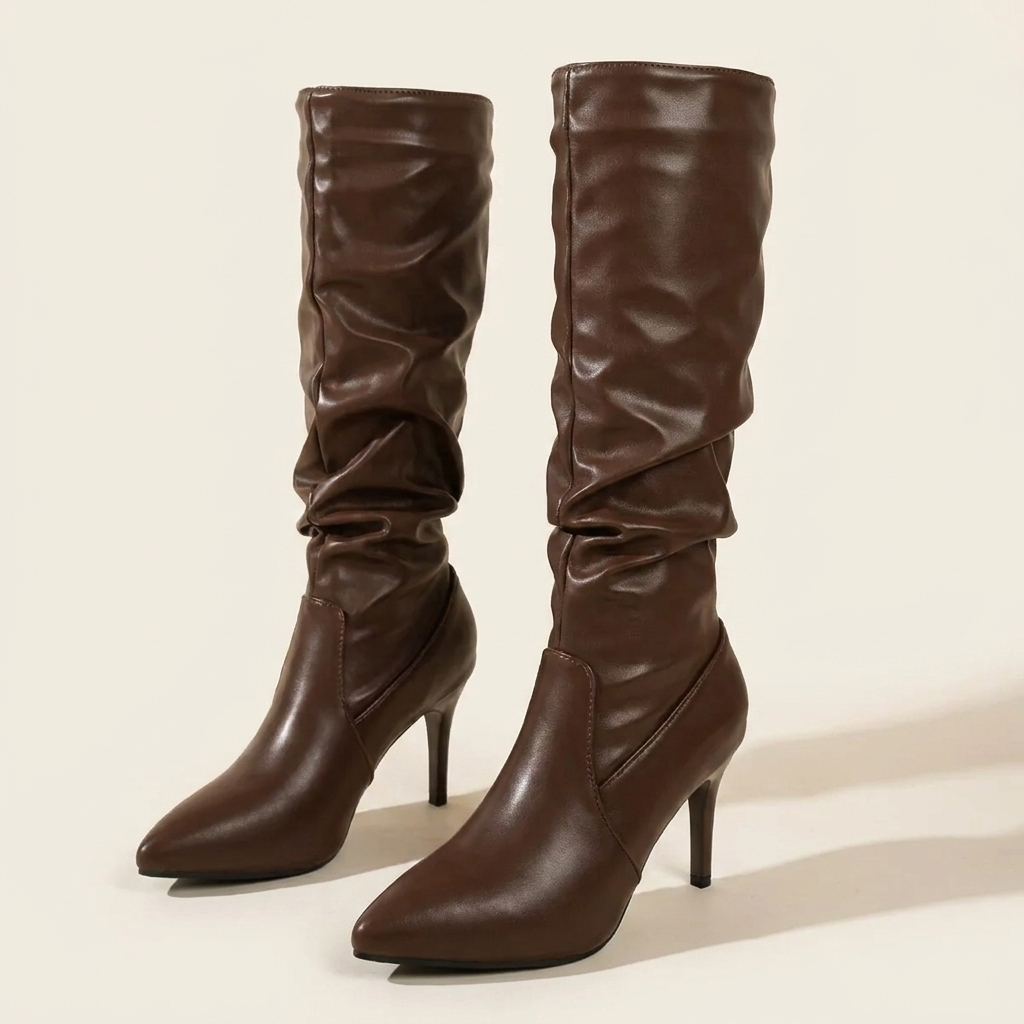 CleanGirlStore Point Toe Stiletto Boots - Brown - Front