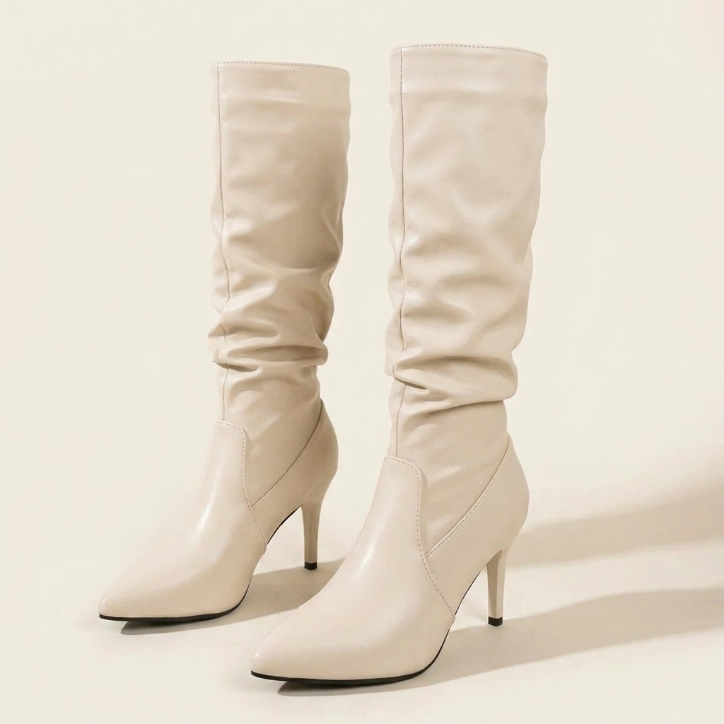 CleanGirlStore Point Toe Stiletto Boots - Off White - Front