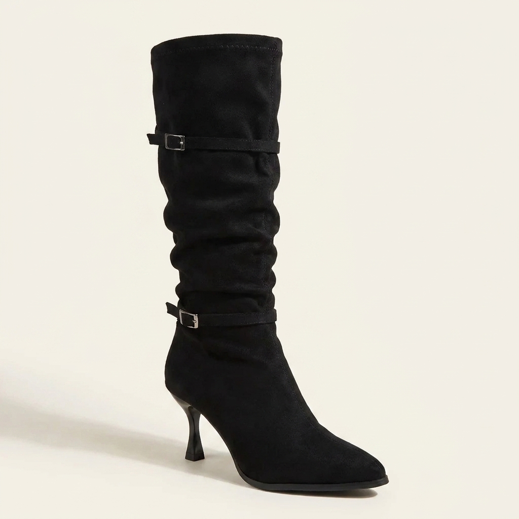 CleanGirlStore Point Toe Kitten Heels Boots - Black - Single Front