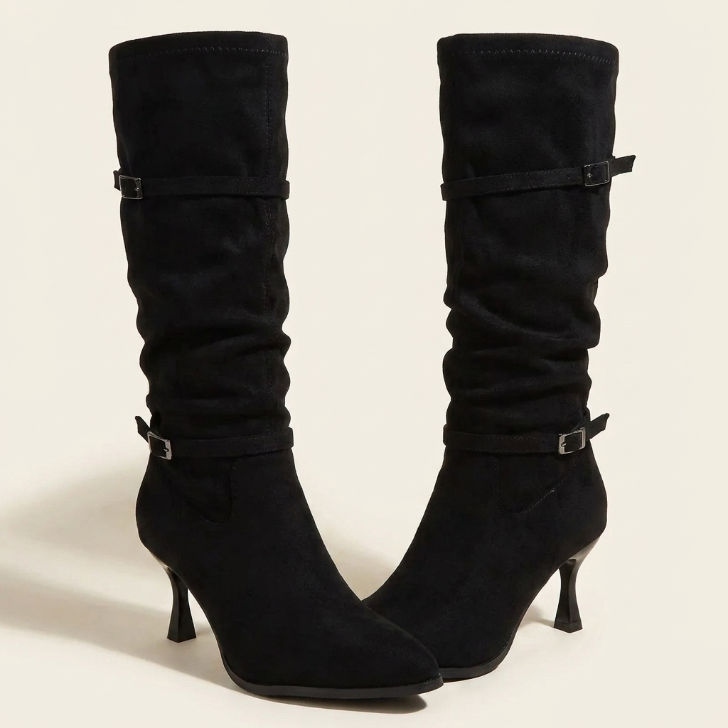 CleanGirlStore Point Toe Kitten Heels Boots - Black - Front