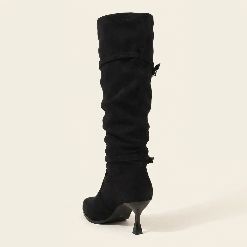 CleanGirlStore Point Toe Kitten Heels Boots - Black - Back
