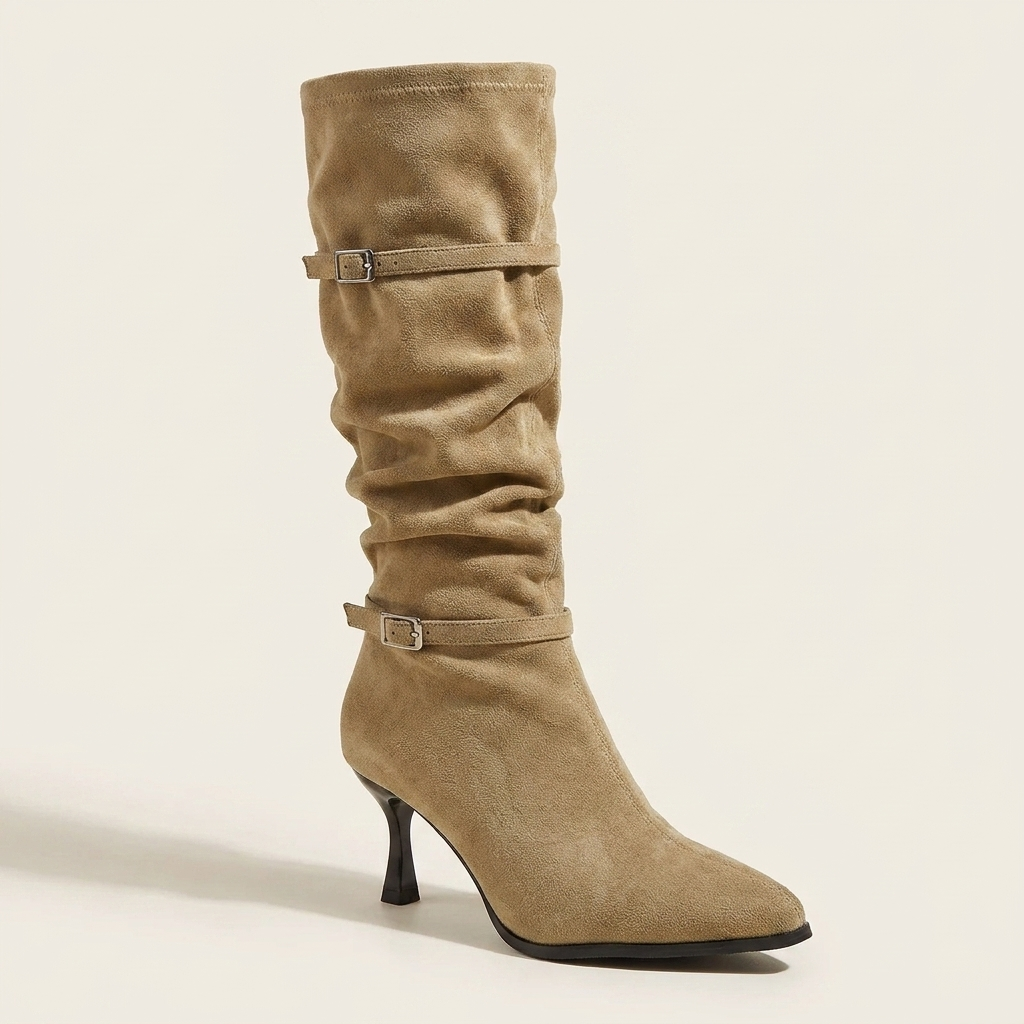 CleanGirlStore Point Toe Kitten Heels Boots - Khaki - Single Front