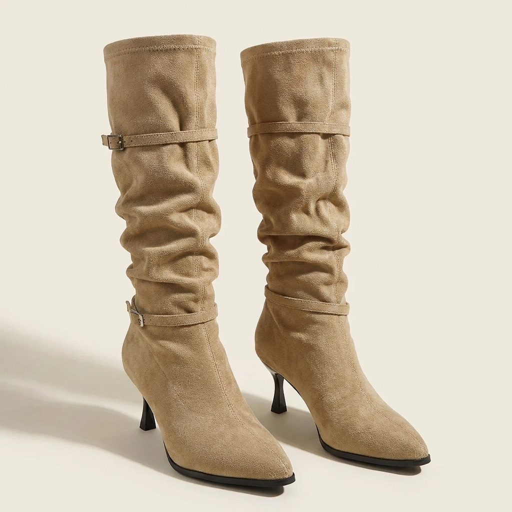 CleanGirlStore Point Toe Kitten Heels Boots - Khaki - Front