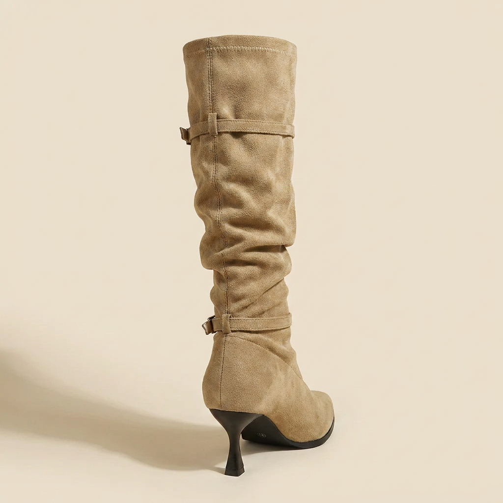 CleanGirlStore Point Toe Kitten Heels Boots - Khaki - Back