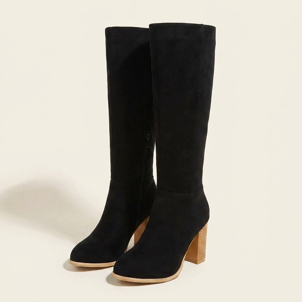 CleanGirlStore Point Toe Block Heels Boots - Black - Front