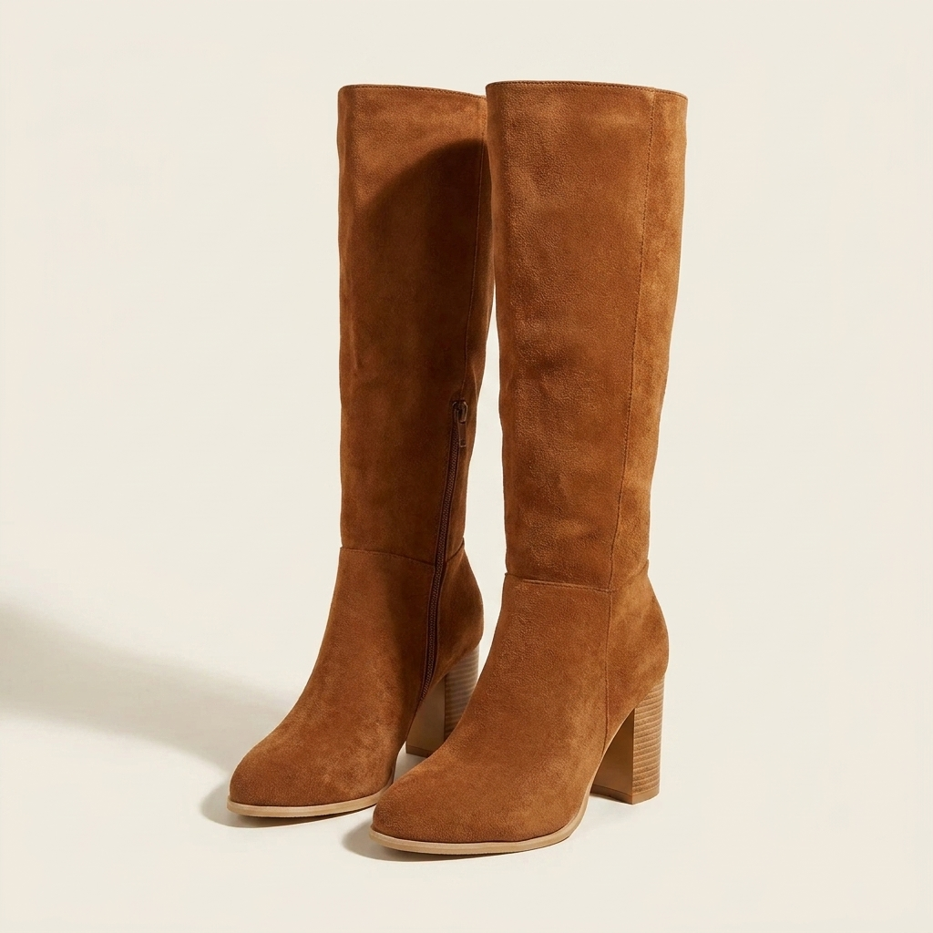 CleanGirlStore Point Toe Block Heels Boots - Brown - Front