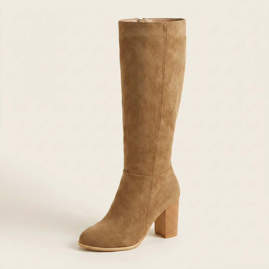 CleanGirlStore Point Toe Block Heels Boots - Khaki - Single Front
