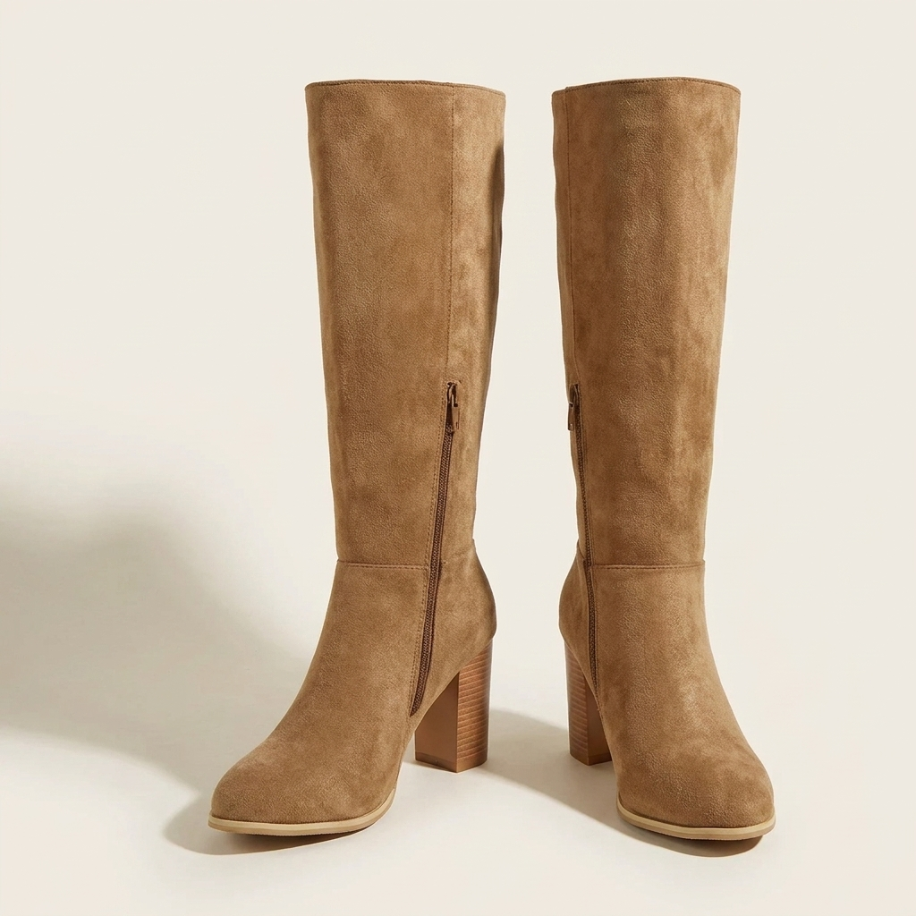 CleanGirlStore Point Toe Block Heels Boots - Khaki - Front