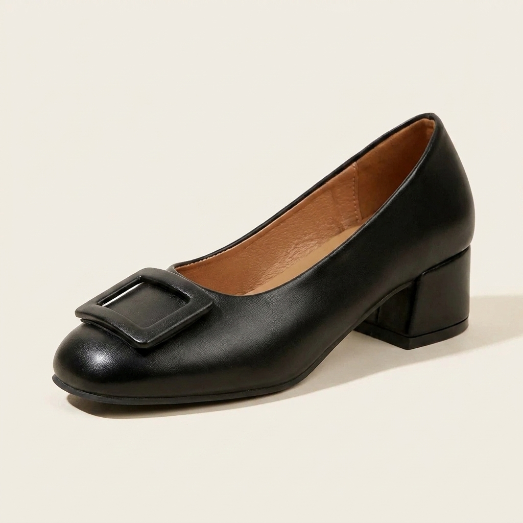 CleanGirlStore Buckle Block Heel Pumps - Black - Single Front