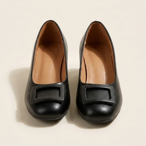 CleanGirlStore Buckle Block Heel Pumps - Black - Front