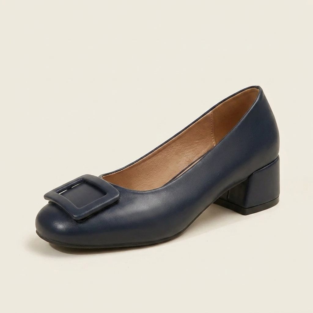 CleanGirlStore Buckle Block Heel Pumps - Dark Blue - Single Front