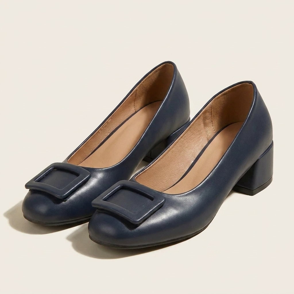 CleanGirlStore Buckle Block Heel Pumps - Dark Blue - Front