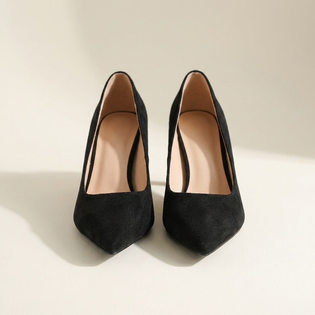 CleanGirlStore Faux Suede Point Toe Pumps - Black - Front