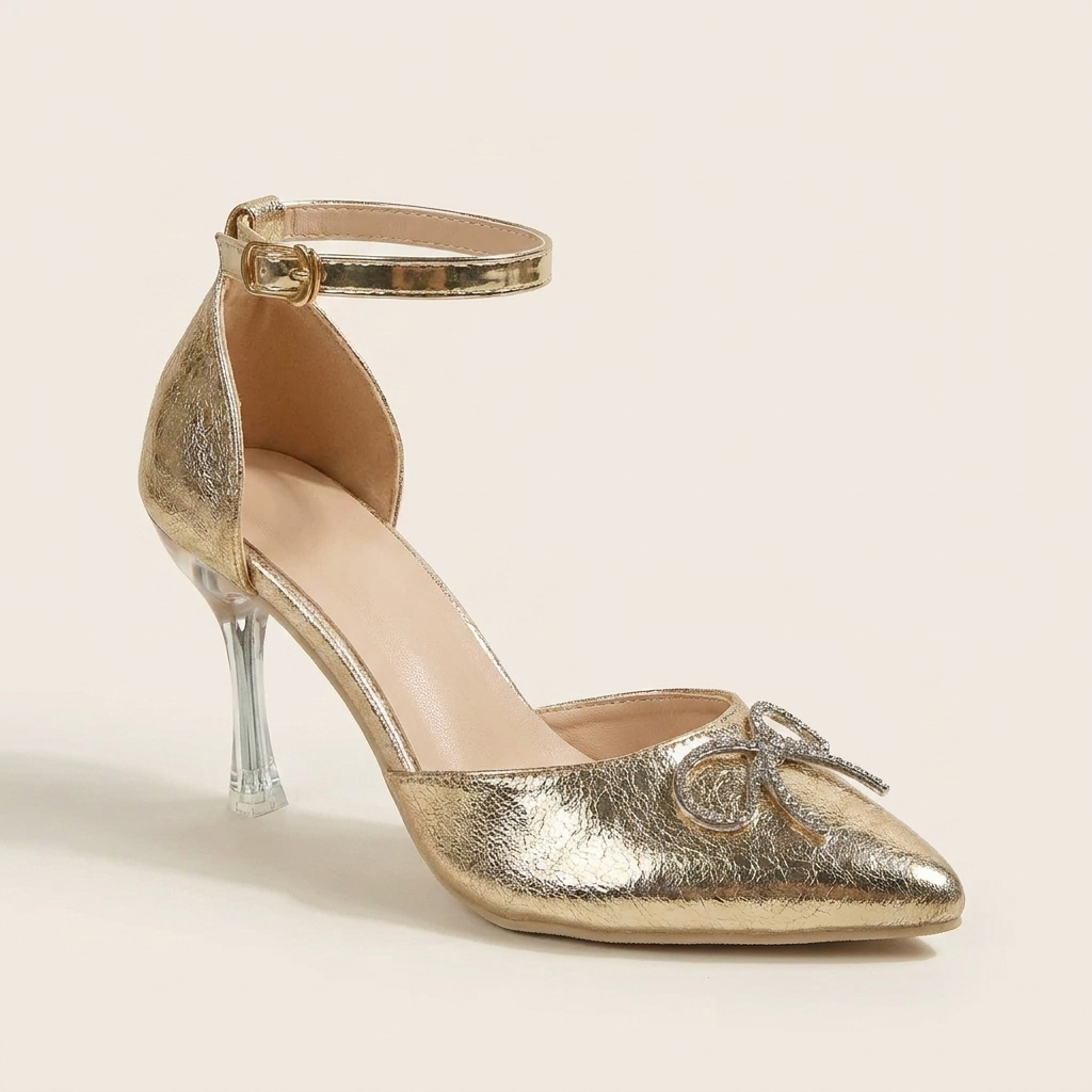 CleanGirlStore Bow Point Toe Pumps - Gold - Single Front