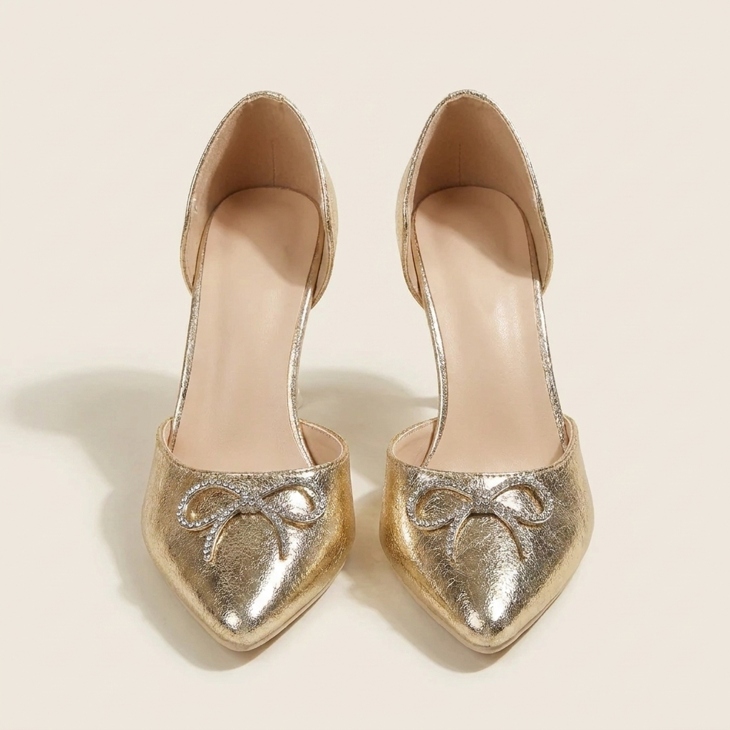 CleanGirlStore Bow Point Toe Pumps - Gold - Front