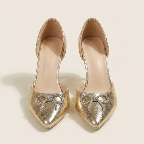 CleanGirlStore Bow Point Toe Pumps - Gold - Front