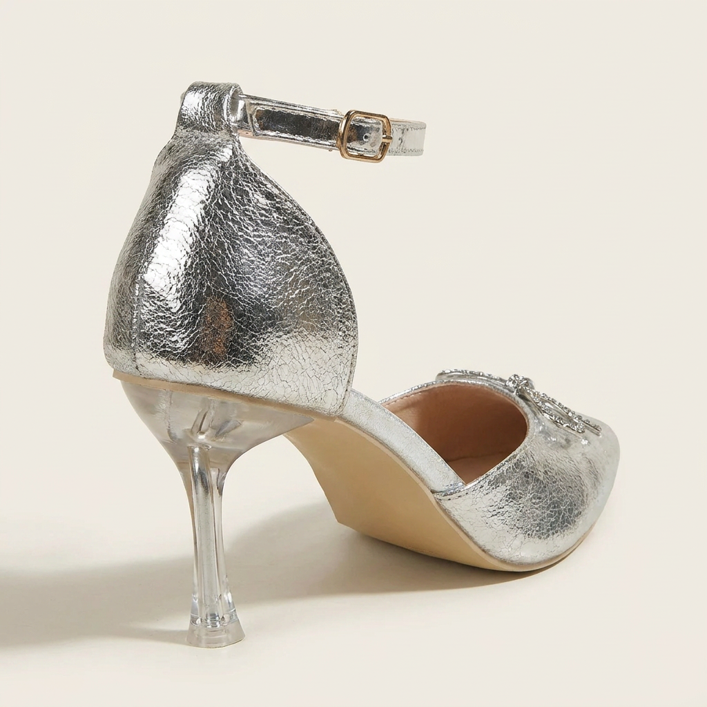CleanGirlStore Bow Point Toe Pumps - Silver - Back