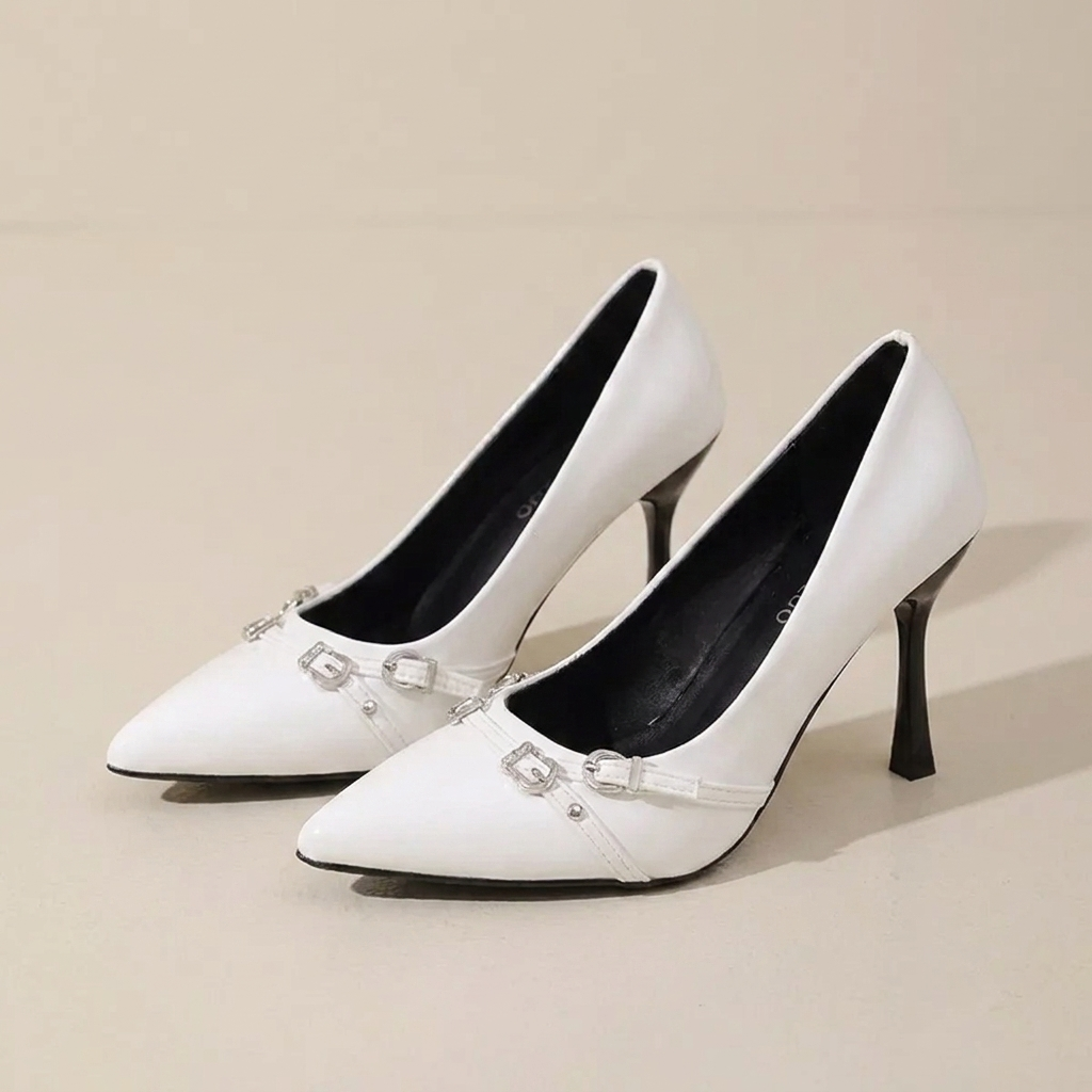 CleanGirlStore Point Toe High Heels Pumps - White - Front