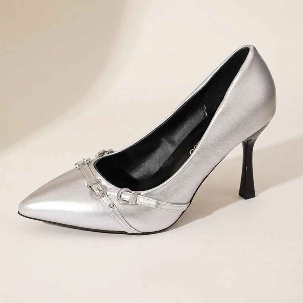 CleanGirlStore Point Toe High Heels Pumps - Silver - Single Front