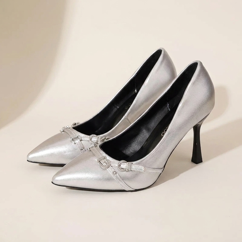 CleanGirlStore Point Toe High Heels Pumps - Silver - Front