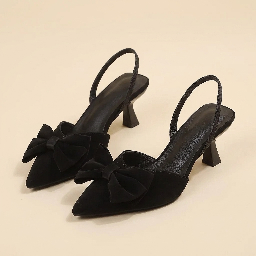 CleanGirlStore Bow Point Toe Kitten Heels Pumps - Black - Front