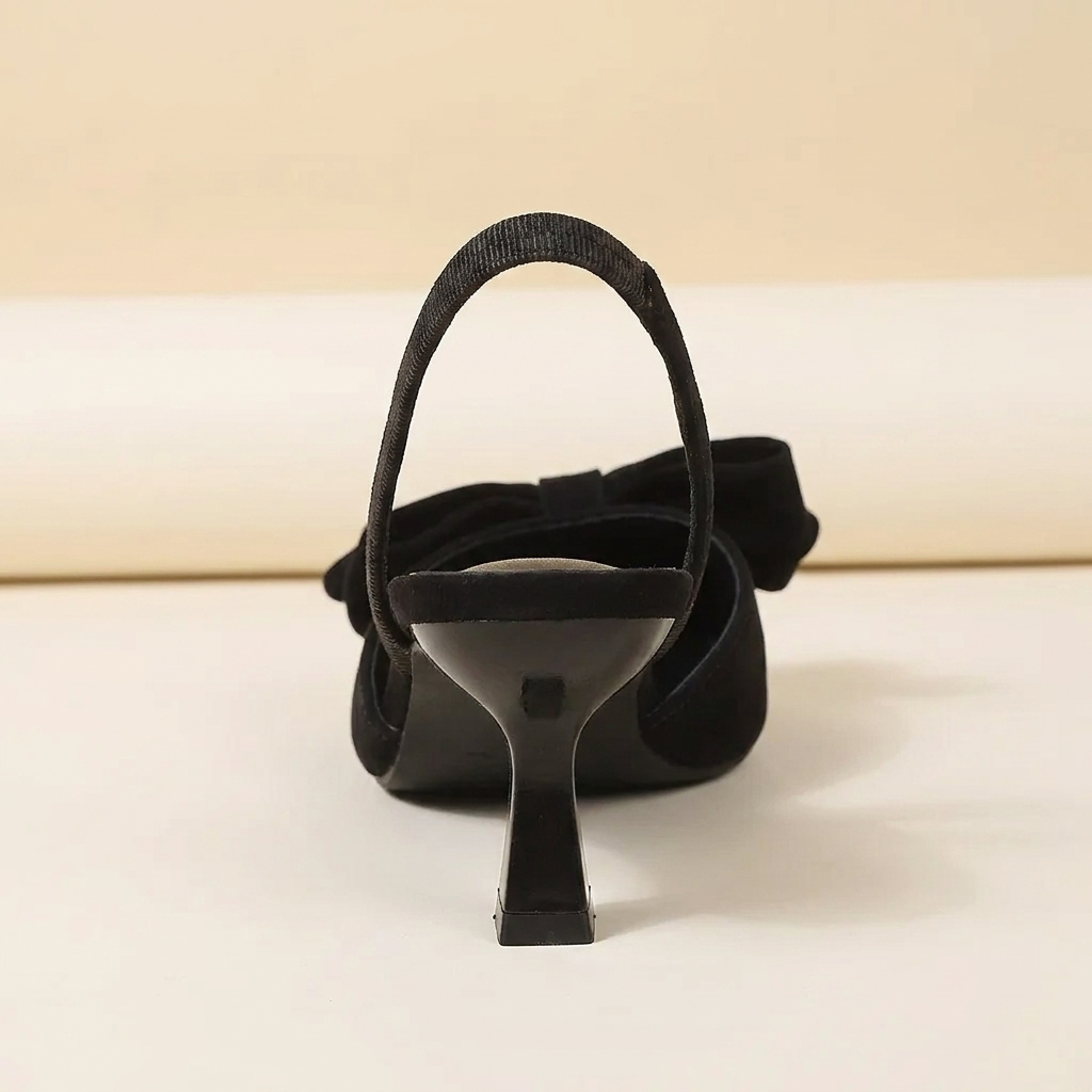 CleanGirlStore Bow Point Toe Kitten Heels Pumps - Black - Back