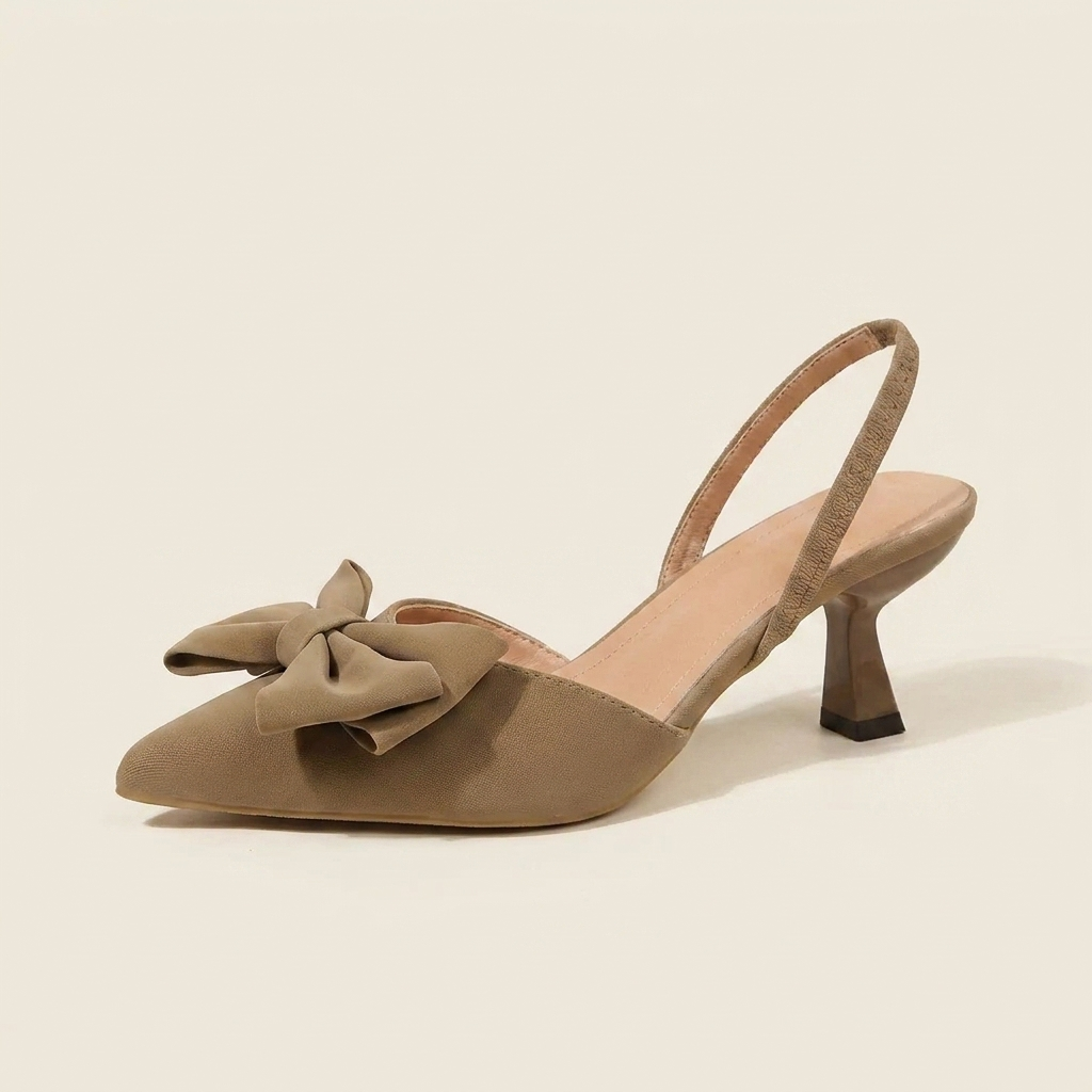 CleanGirlStore Bow Point Toe Kitten Heels Pumps - Khaki - Single Front