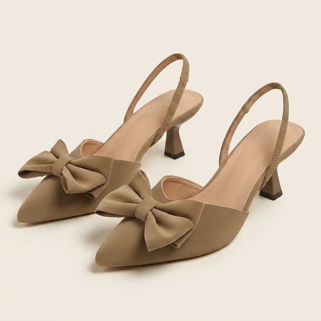 CleanGirlStore Bow Point Toe Kitten Heels Pumps - Khaki - Front