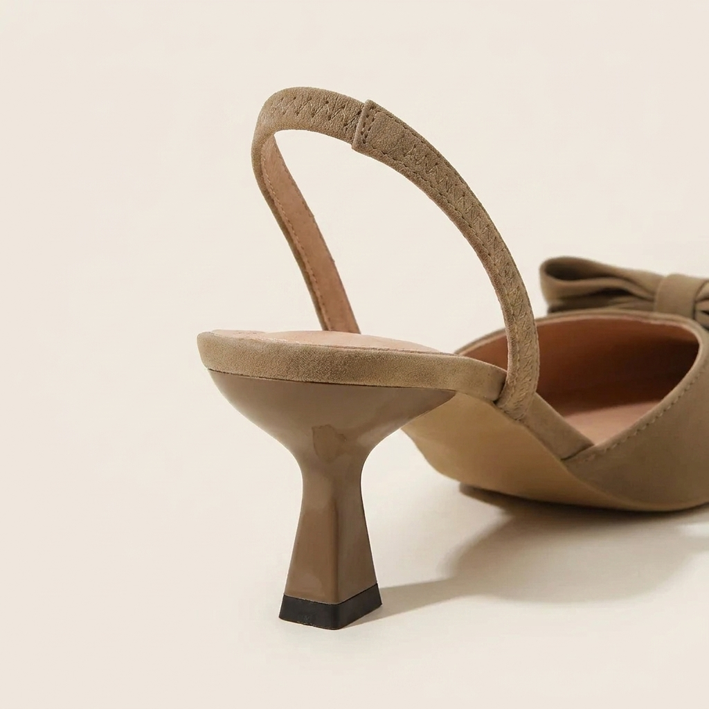 CleanGirlStore Bow Point Toe Kitten Heels Pumps - Khaki - Back