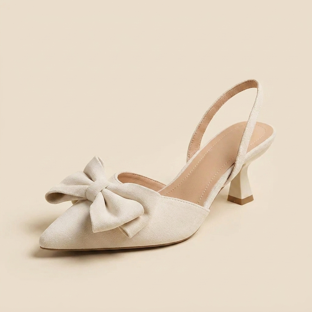CleanGirlStore Bow Point Toe Kitten Heels Pumps - Beige - Single Front