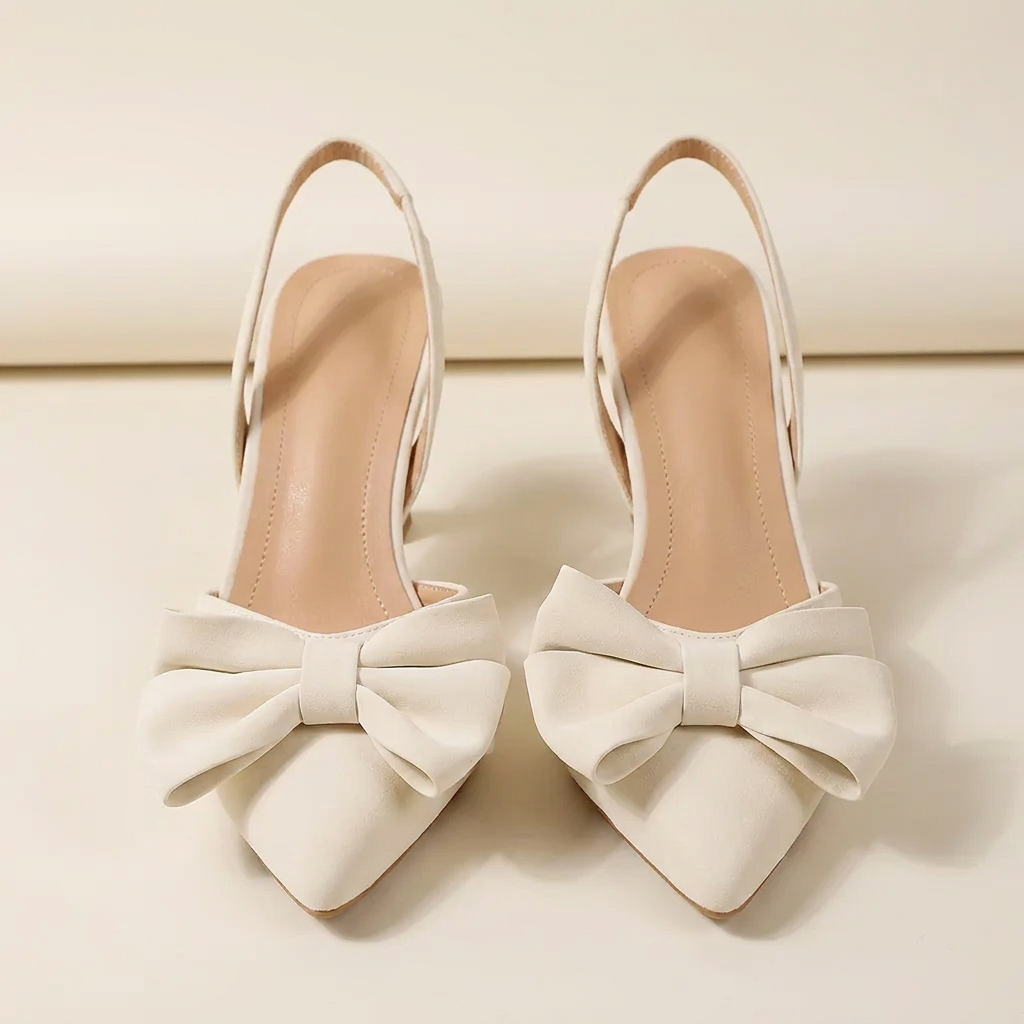 CleanGirlStore Bow Point Toe Kitten Heels Pumps - Beige - Front