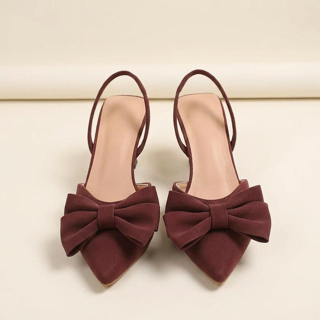 CleanGirlStore Bow Point Toe Kitten Heels Pumps - Red - Front