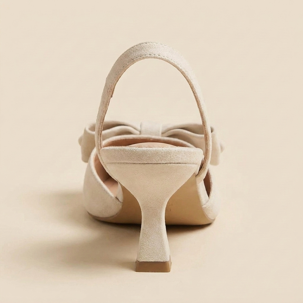 CleanGirlStore Bow Point Toe Kitten Heels Pumps - Beige - Back