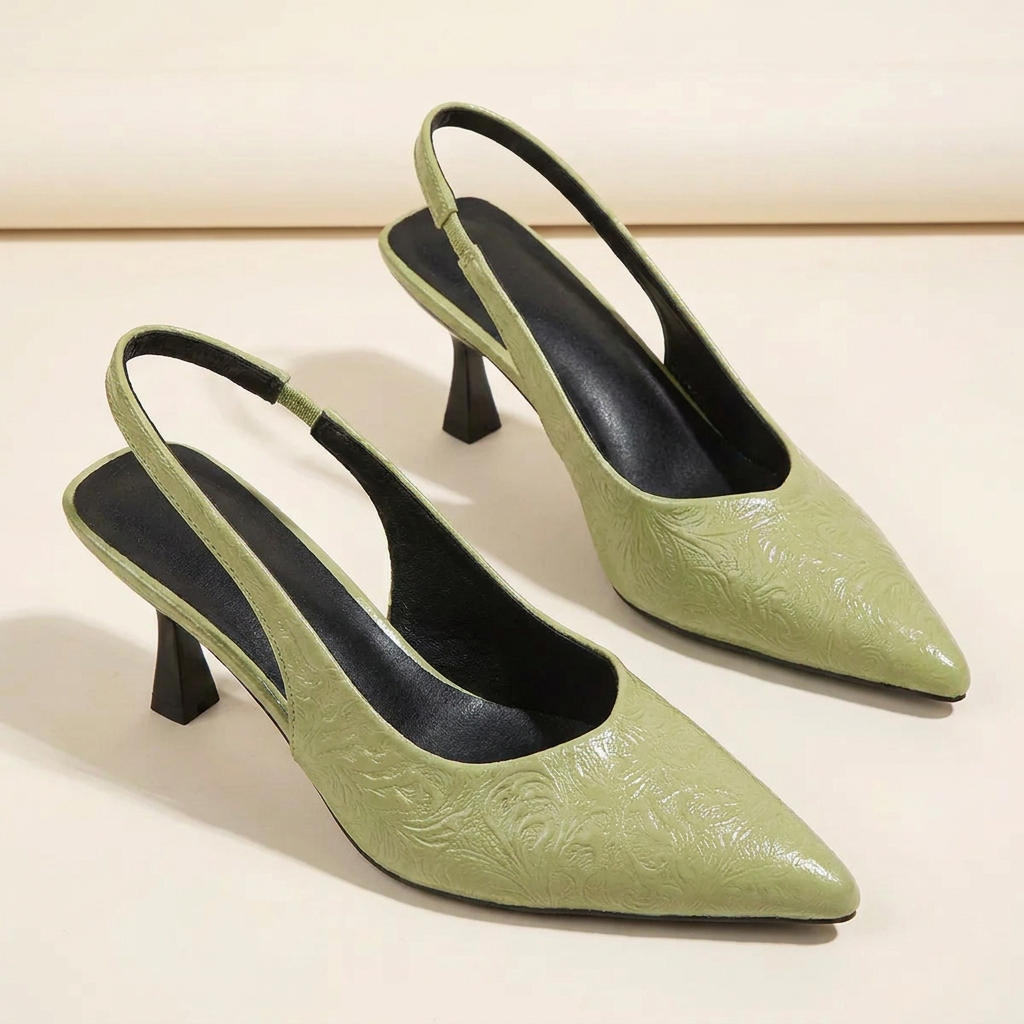 CleanGirlStore Point Toe Slingback Pumps - Green - Front