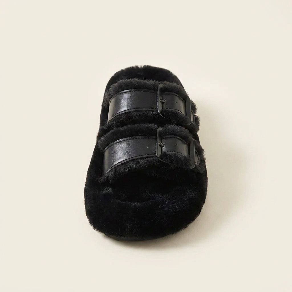 CleanGirlStore Fuzzy Buckle Detail Slippers - Black - Single Front