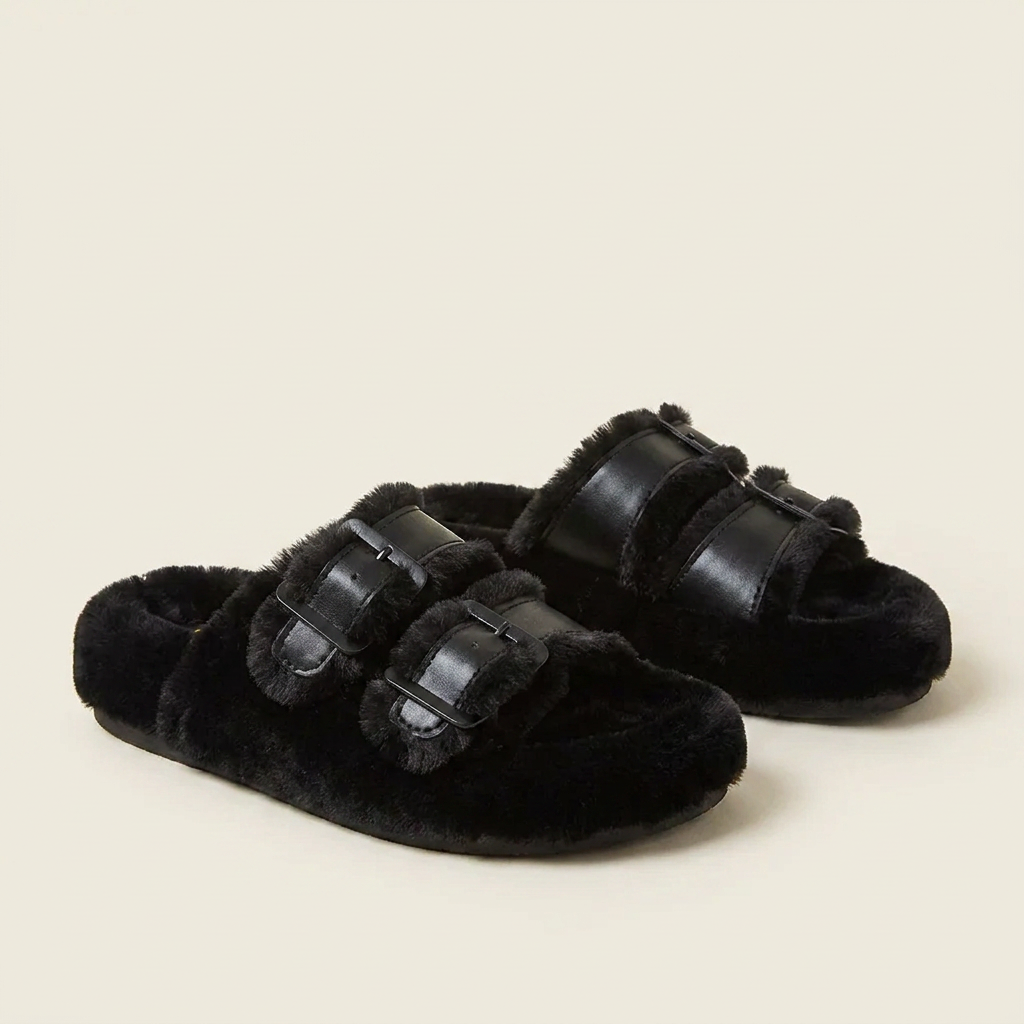 CleanGirlStore Fuzzy Buckle Detail Slippers - Black - Front
