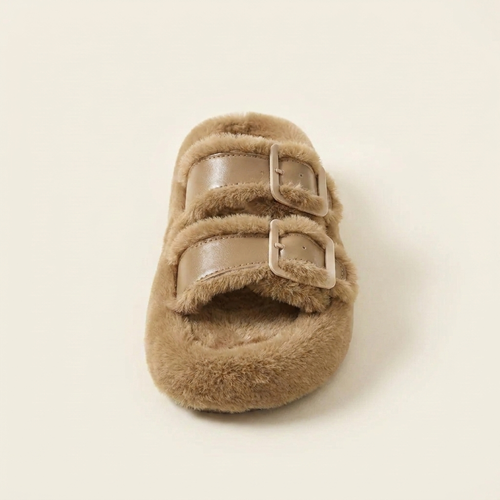 CleanGirlStore Fuzzy Buckle Detail Slippers - Khaki - Single Front