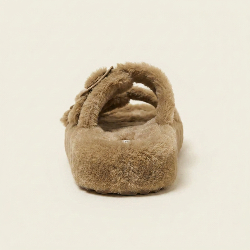 CleanGirlStore Fuzzy Buckle Detail Slippers - Khaki - Back